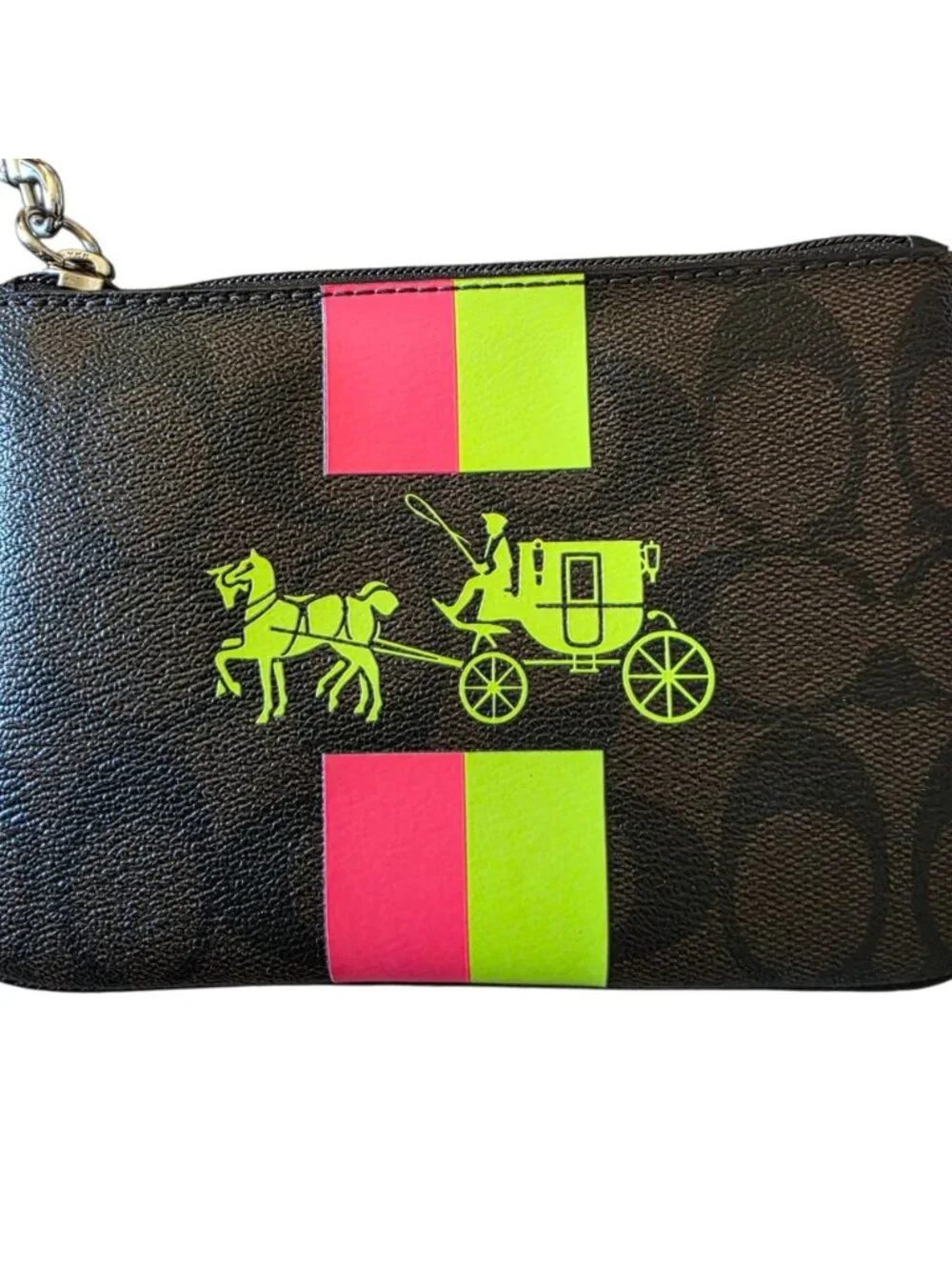 Coach Corner Zip Wristlet Signature Coated Canvas Neon Stripe Horse & Carriage